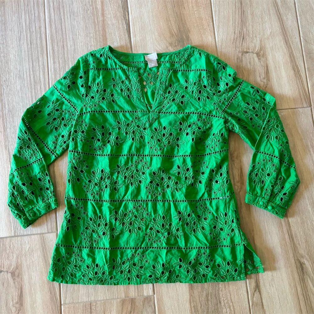 Chico's Women's Green Eyelet Long Sleeve Henley Blouse Size 0